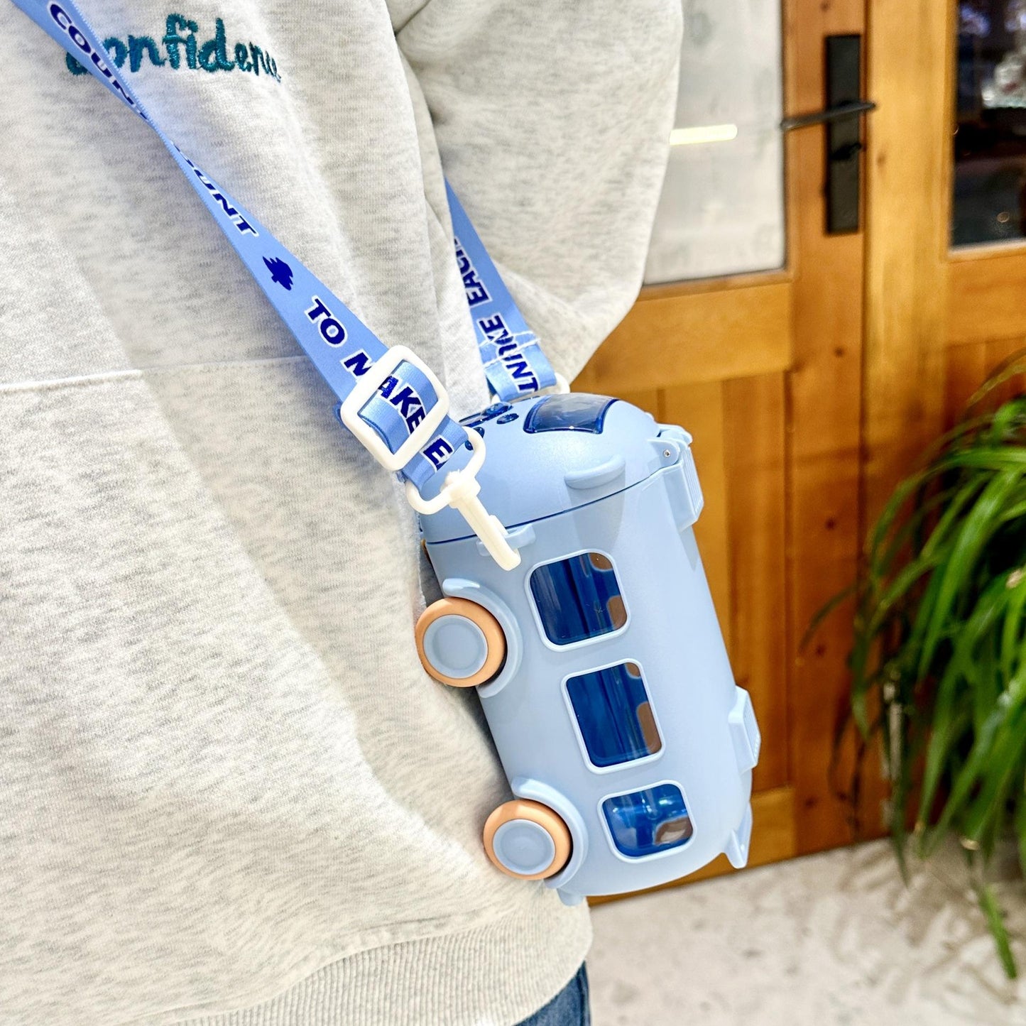 Bus Water Bottle For Kids With Strap, Sipper & Straw