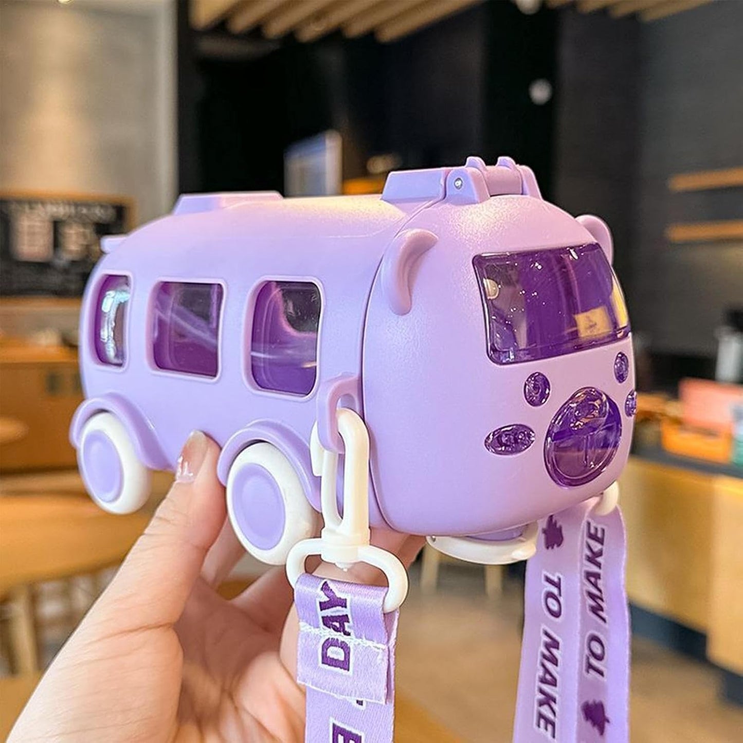 Bus Water Bottle For Kids With Strap, Sipper & Straw