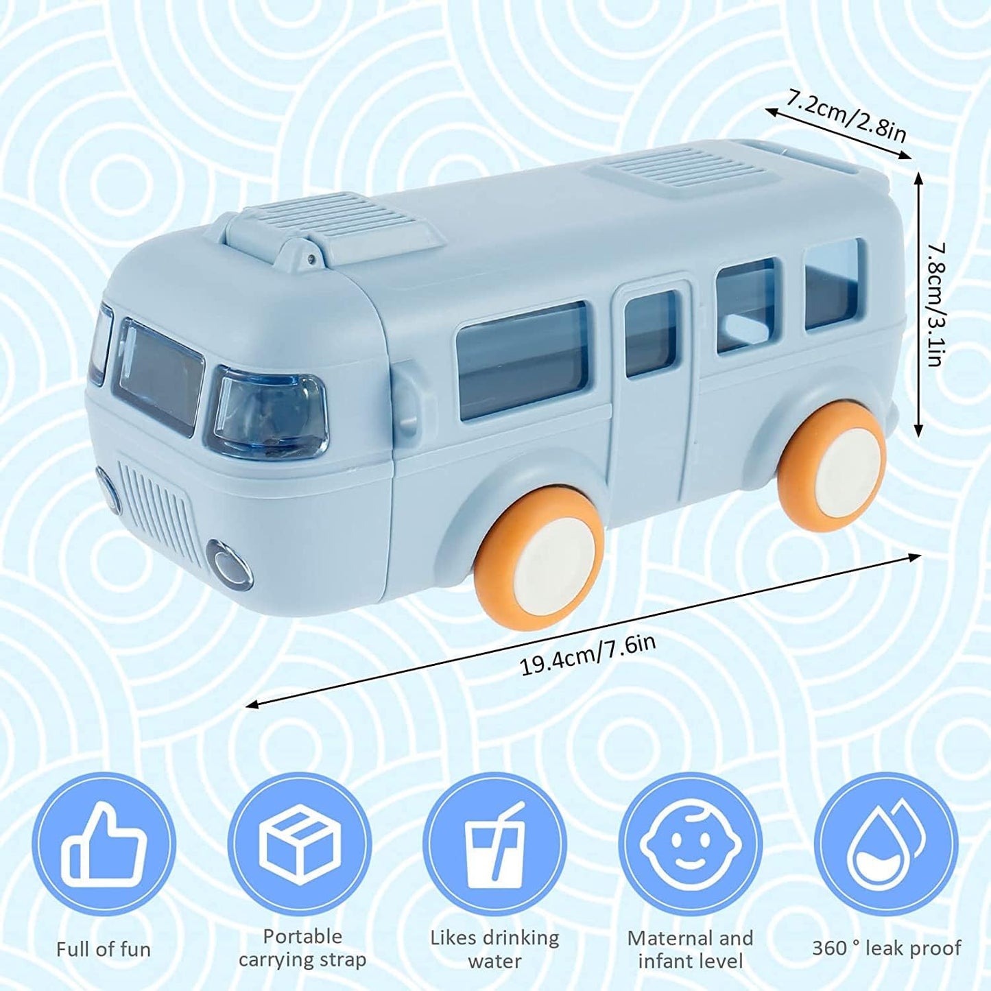 Bus Water Bottle For Kids With Strap, Sipper & Straw