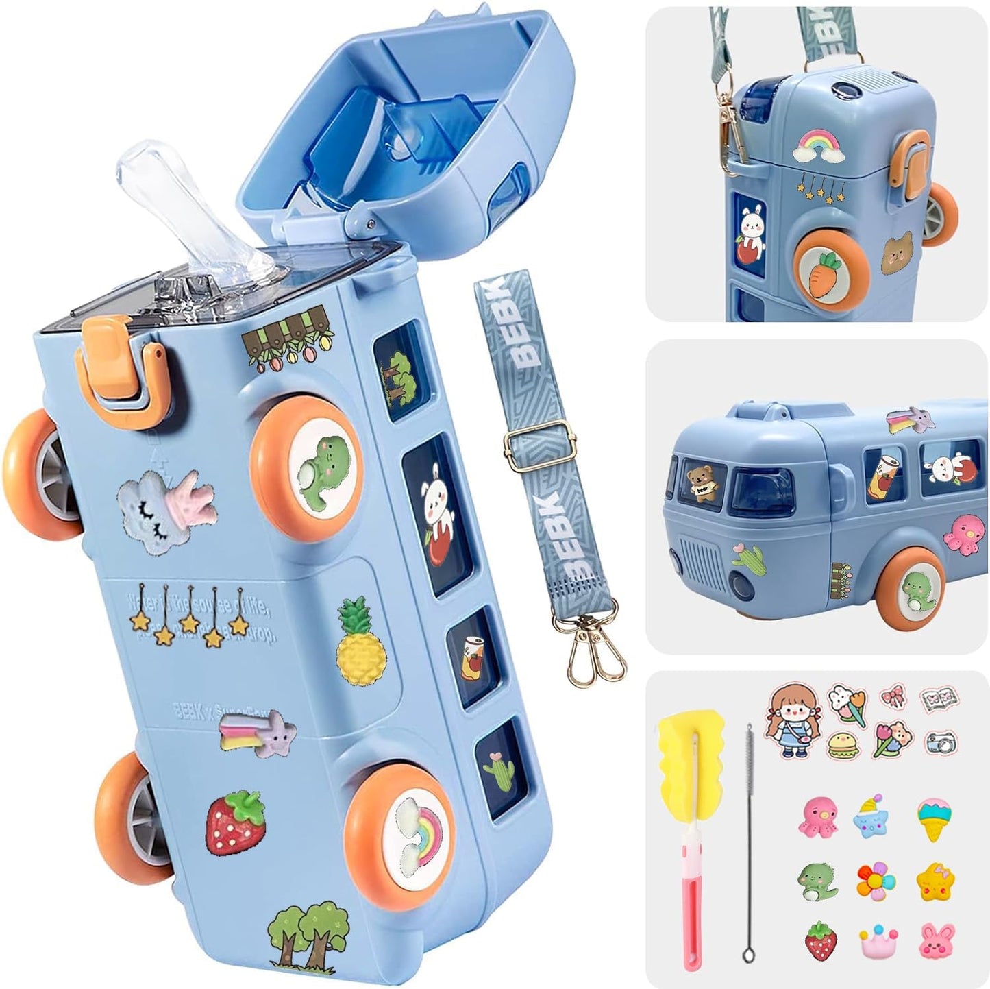 Bus Water Bottle For Kids With Strap, Sipper & Straw