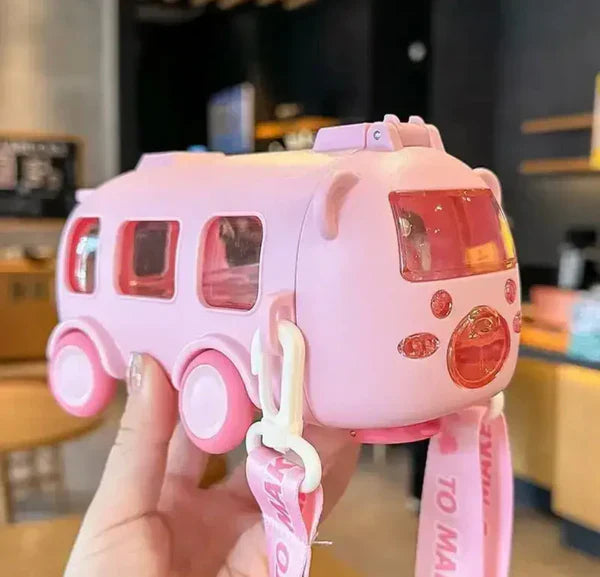 Bus Water Bottle For Kids With Strap, Sipper & Straw