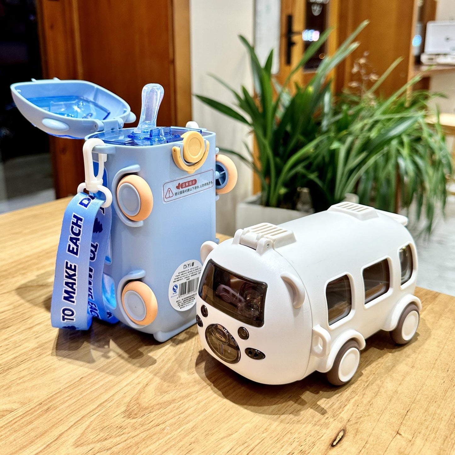 Bus Water Bottle For Kids With Strap, Sipper & Straw