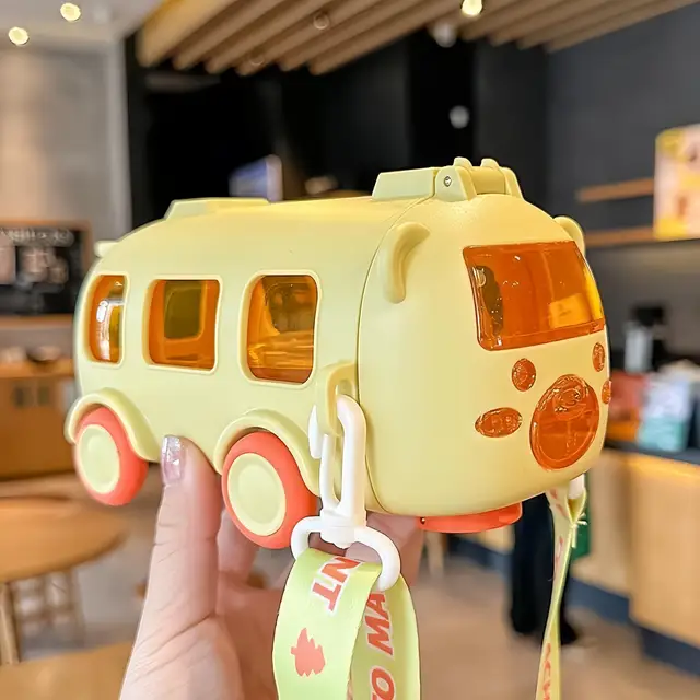 Bus Water Bottle For Kids With Strap, Sipper & Straw