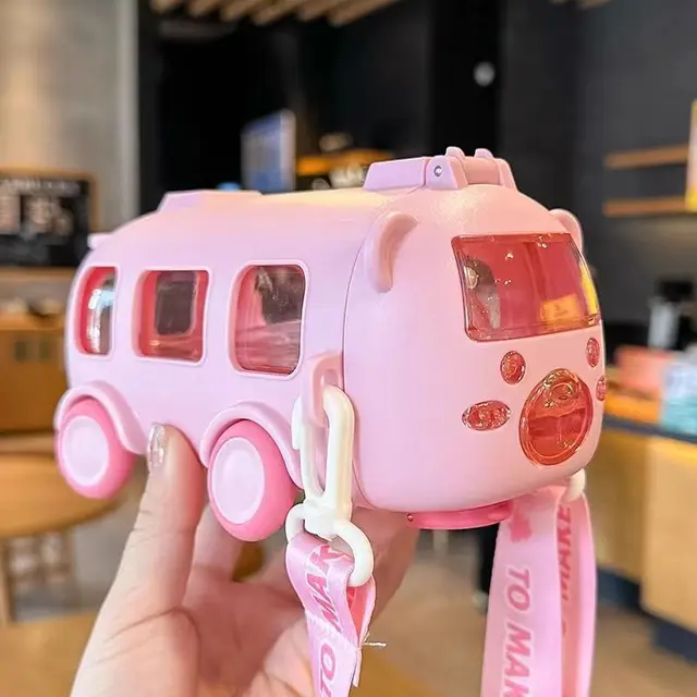 Bus Water Bottle For Kids With Strap, Sipper & Straw
